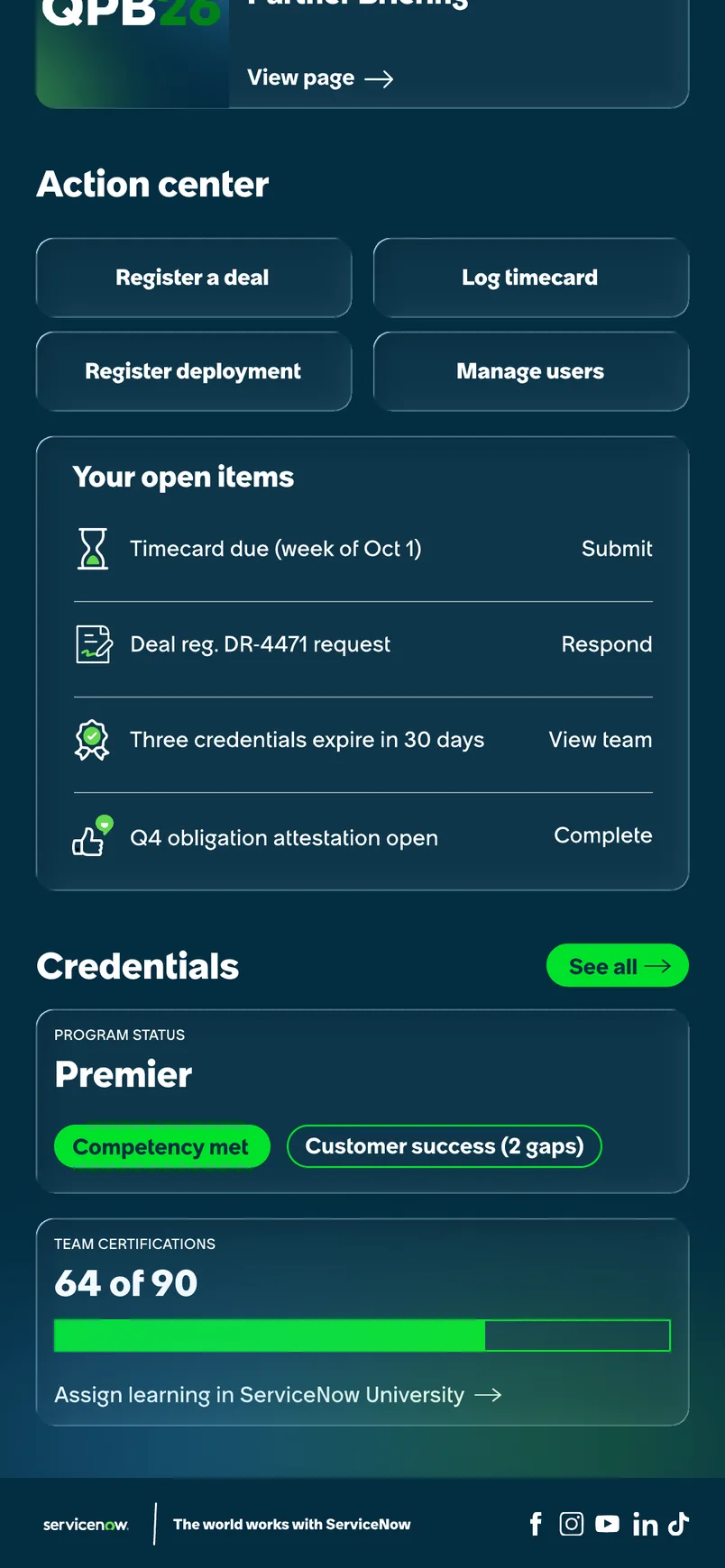 Mobile homepage, further down: the action center's four task buttons, the open-items list and the credentials module.