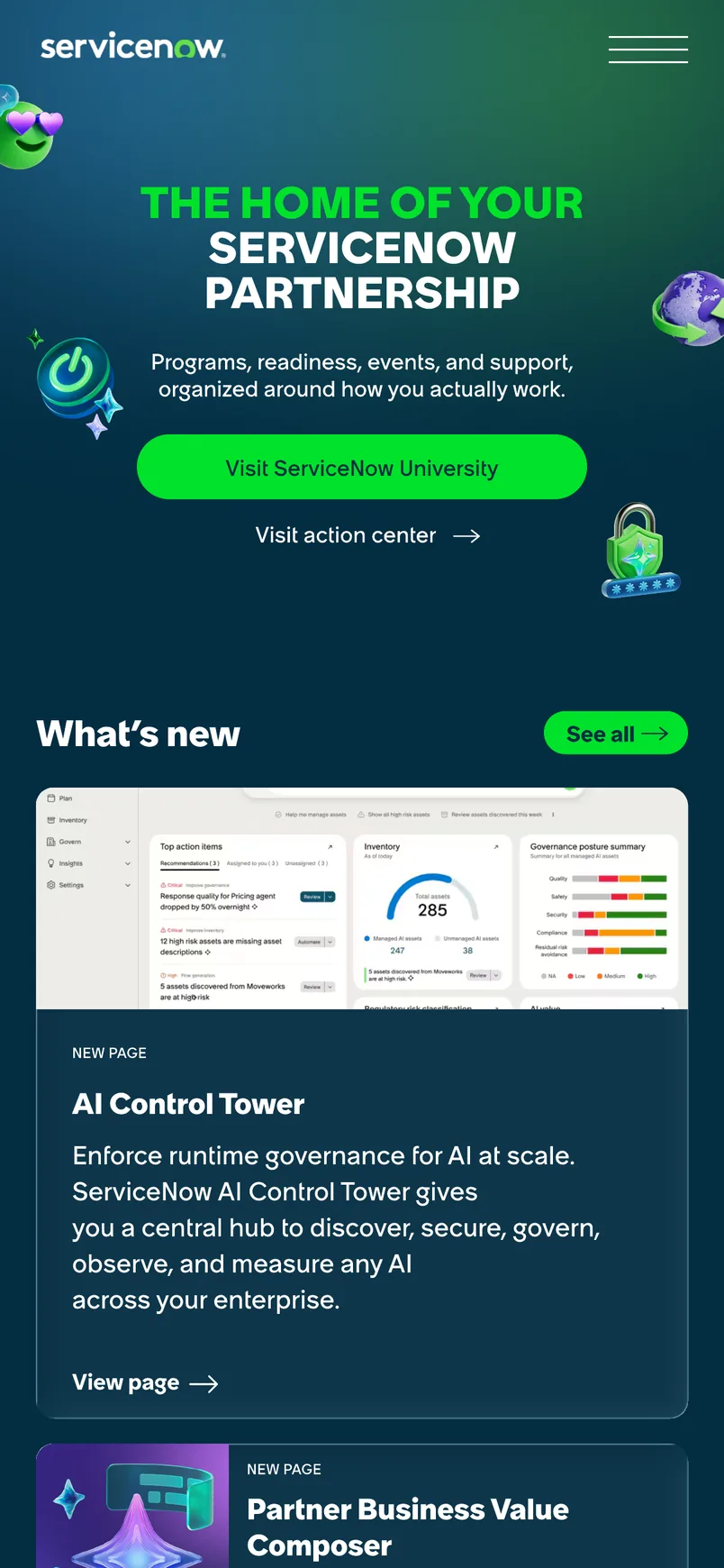 Mobile homepage, top: the hero with Visit ServiceNow University and Visit action center links, then What's new.