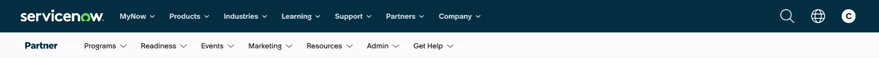 Before: the universal ServiceNow navigation (MyNow, Products, Industries, Learning, Support, Partners, Company) stacked above the partner navigation (Programs, Readiness, Events, Marketing, Resources, Admin, Get Help).
